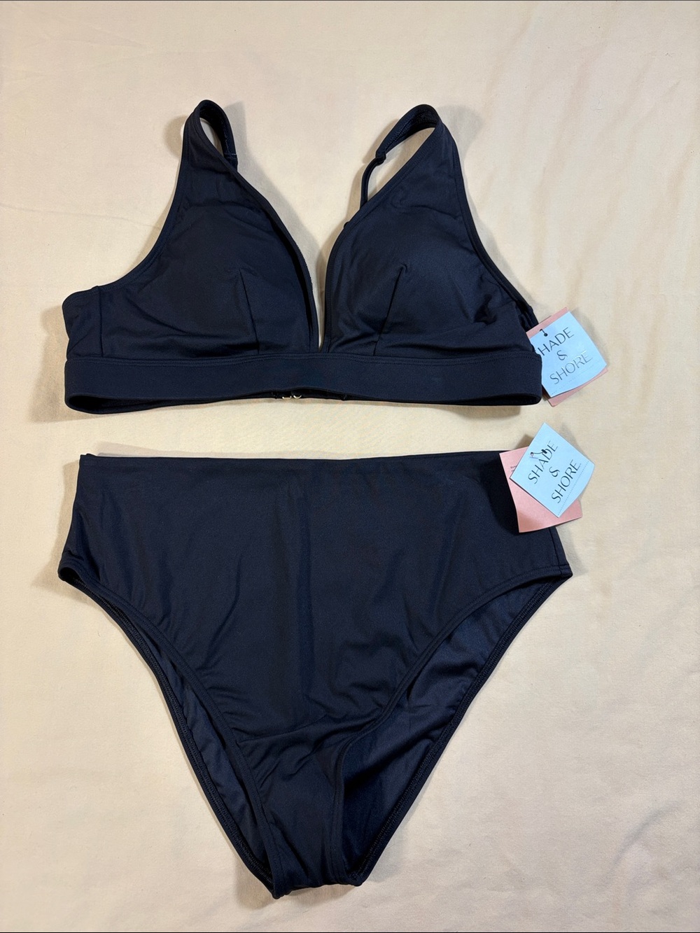 Shade & Shore NWT Black Plunge Bikini Top High Waisted Two Piece Swimsuit Set L